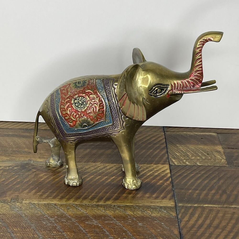 Vintage Etched Brass Elephant Figurine Painted Paper Weight Made in India